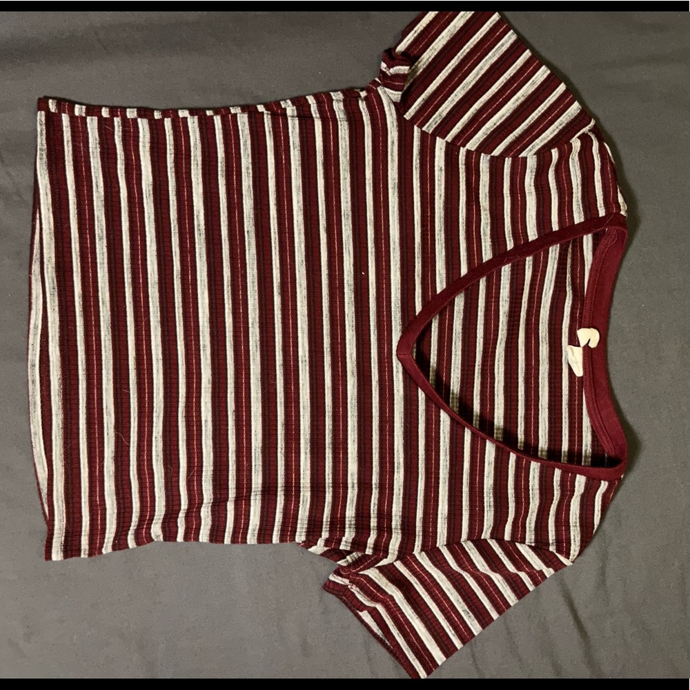 Maroon v neck top with white and grey stripes